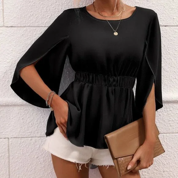 Black Boho Womens Knot Back Split Sleeve Blouse - Picture 2 of 5